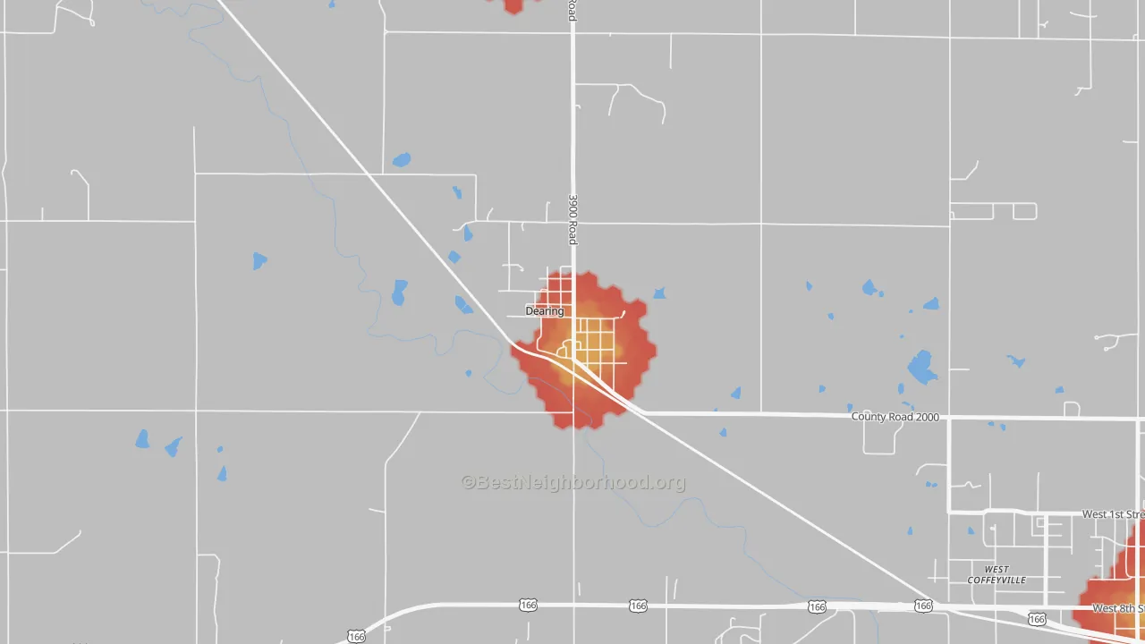 Walk Grade map of 67340, KS, walkable areas in green and car-dependent areas in red