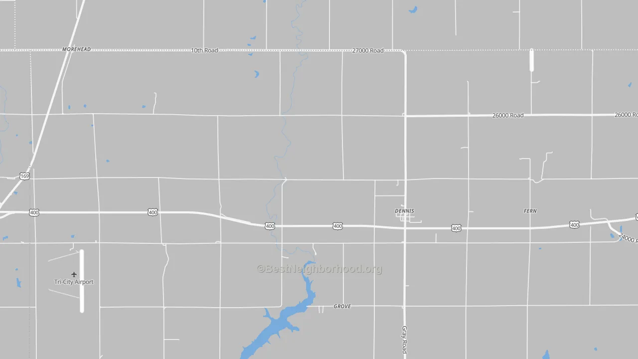 Walk Grade map of 67341, KS, walkable areas in green and car-dependent areas in red