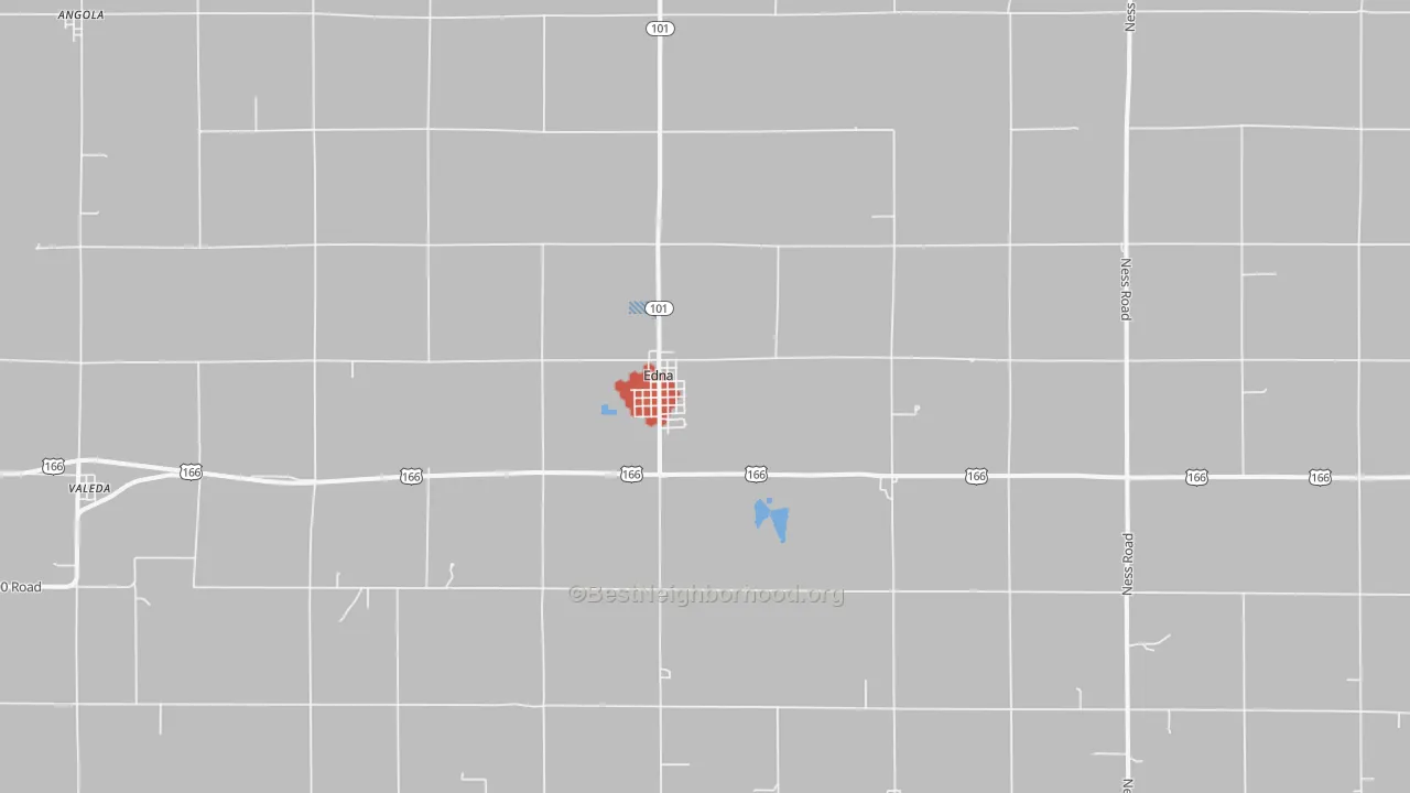 Walk Grade map of 67342, KS, walkable areas in green and car-dependent areas in red