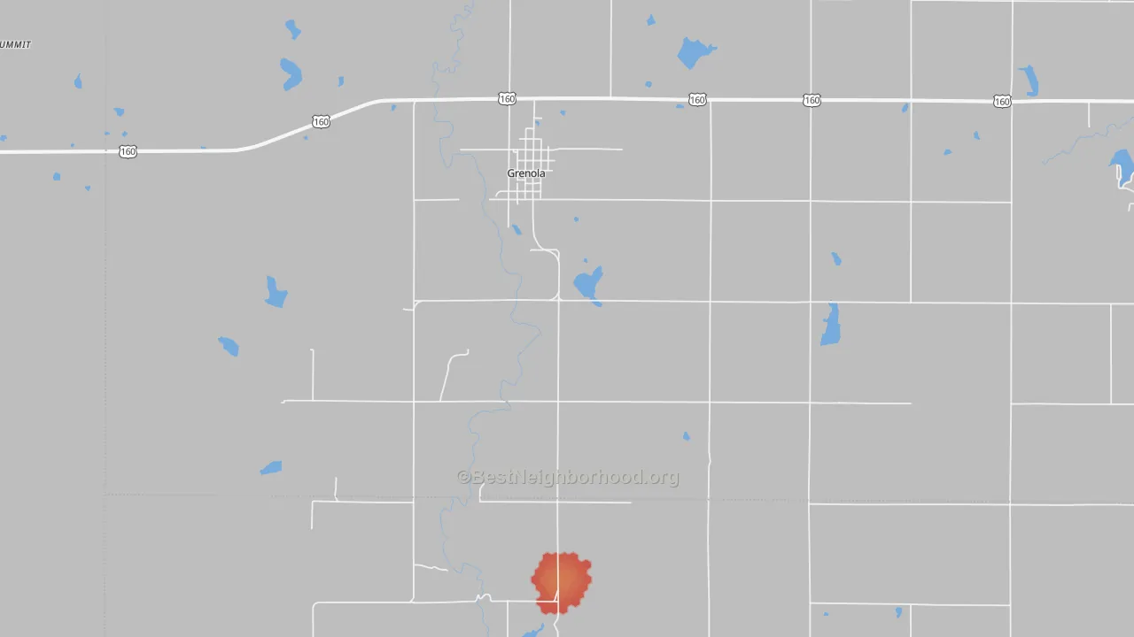 Walk Grade map of 67346, KS, walkable areas in green and car-dependent areas in red