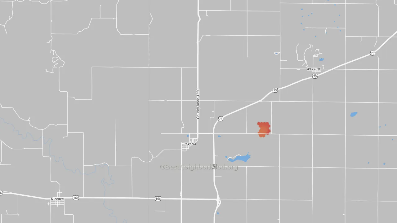 Walk Grade map of 67347, KS, walkable areas in green and car-dependent areas in red