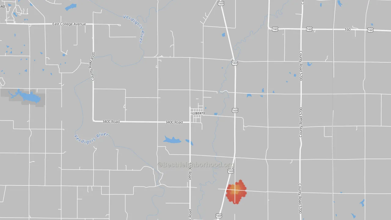 Walk Grade map of 67351, KS, walkable areas in green and car-dependent areas in red
