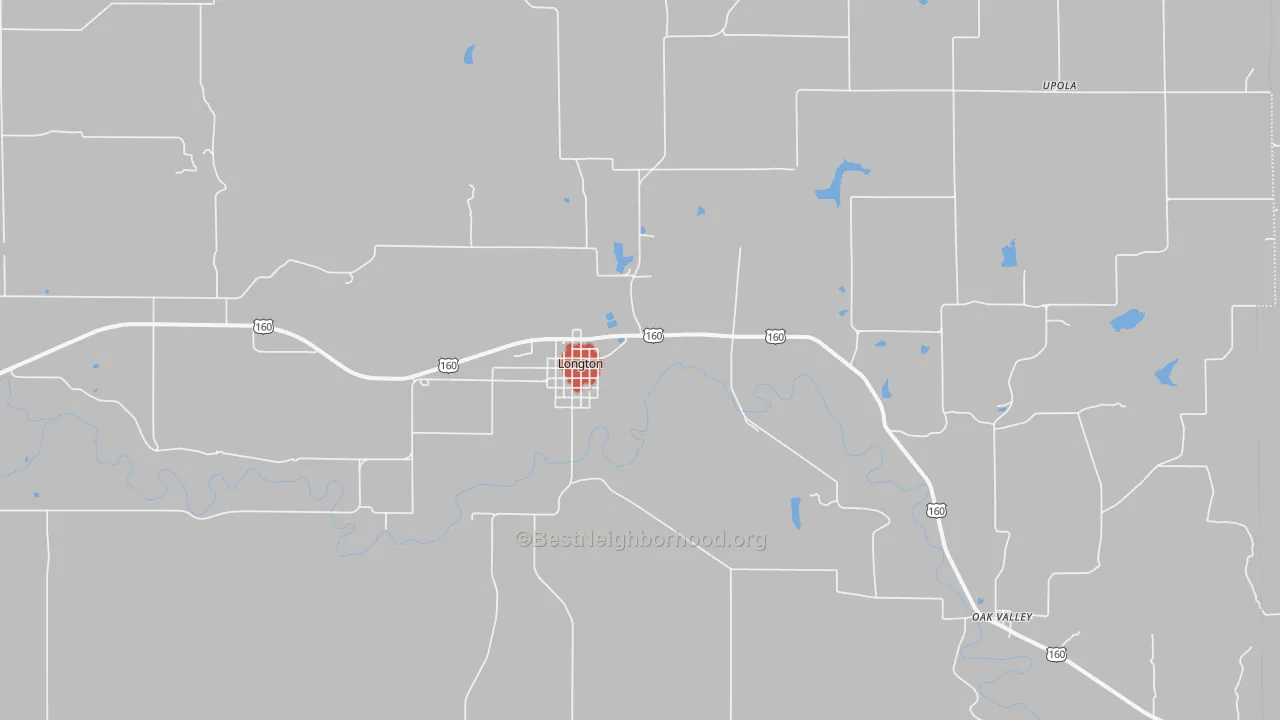 Walk Grade map of 67352, KS, walkable areas in green and car-dependent areas in red