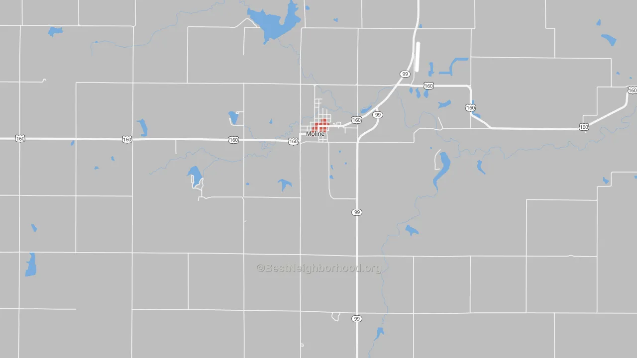 Walk Grade map of 67353, KS, walkable areas in green and car-dependent areas in red