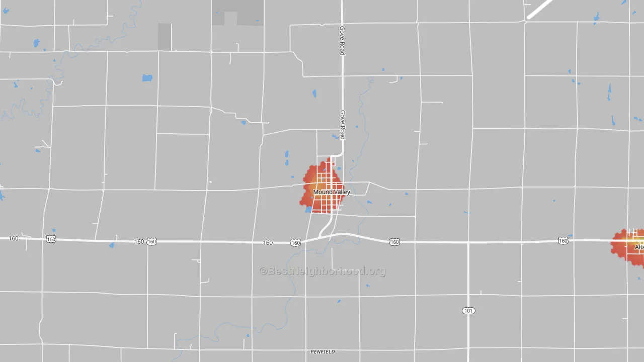 Walk Grade map of 67354, KS, walkable areas in green and car-dependent areas in red