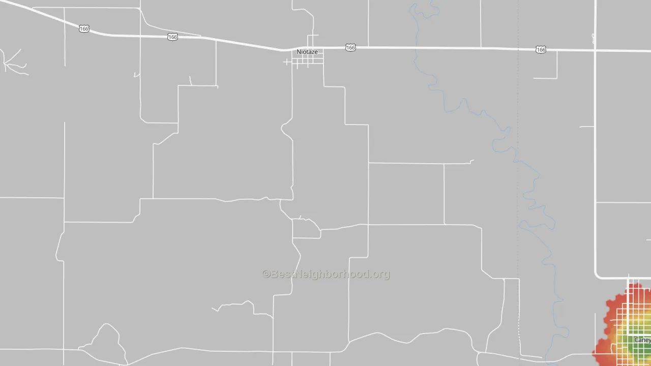 Walk Grade map of 67355, KS, walkable areas in green and car-dependent areas in red
