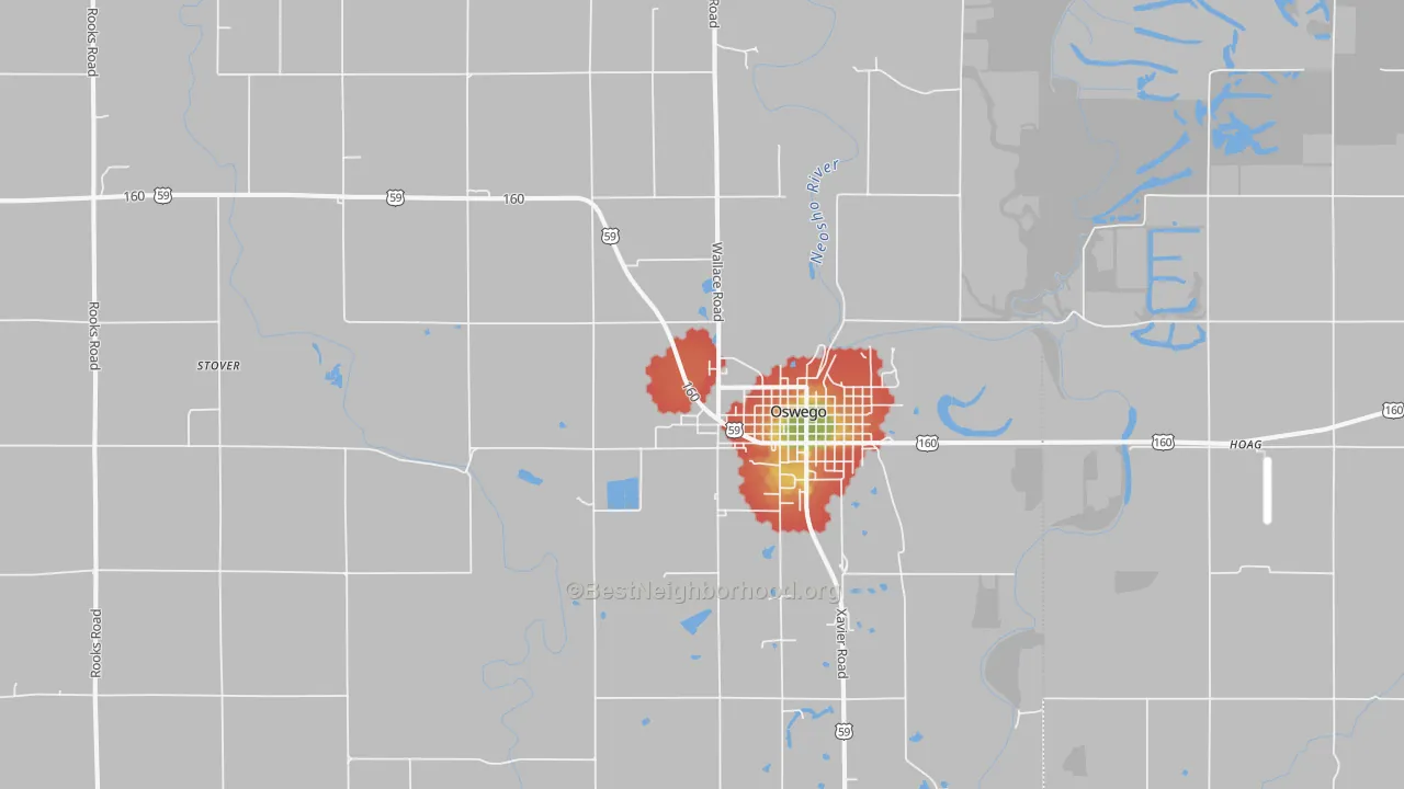 Walk Grade map of 67356, KS, walkable areas in green and car-dependent areas in red