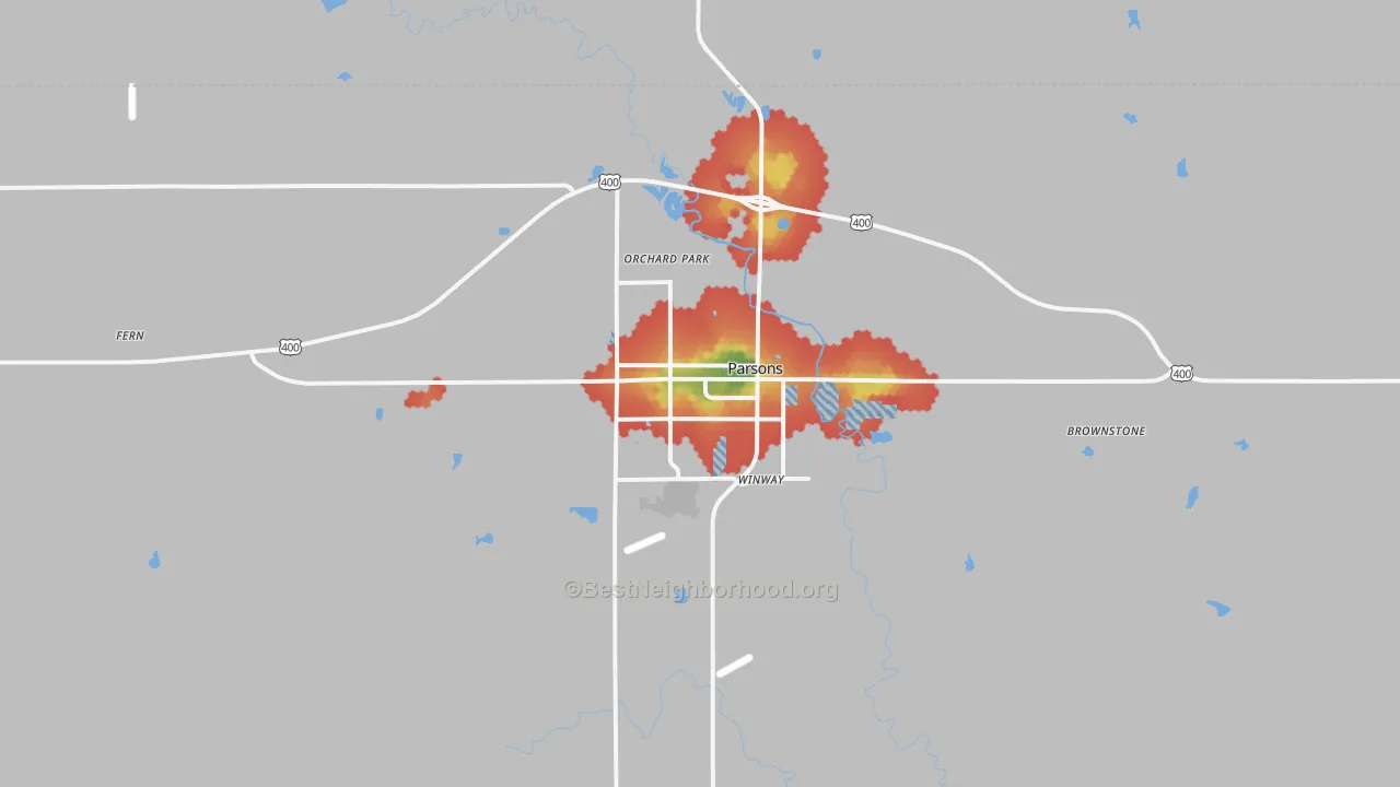 Walk Grade map of 67357, KS, walkable areas in green and car-dependent areas in red