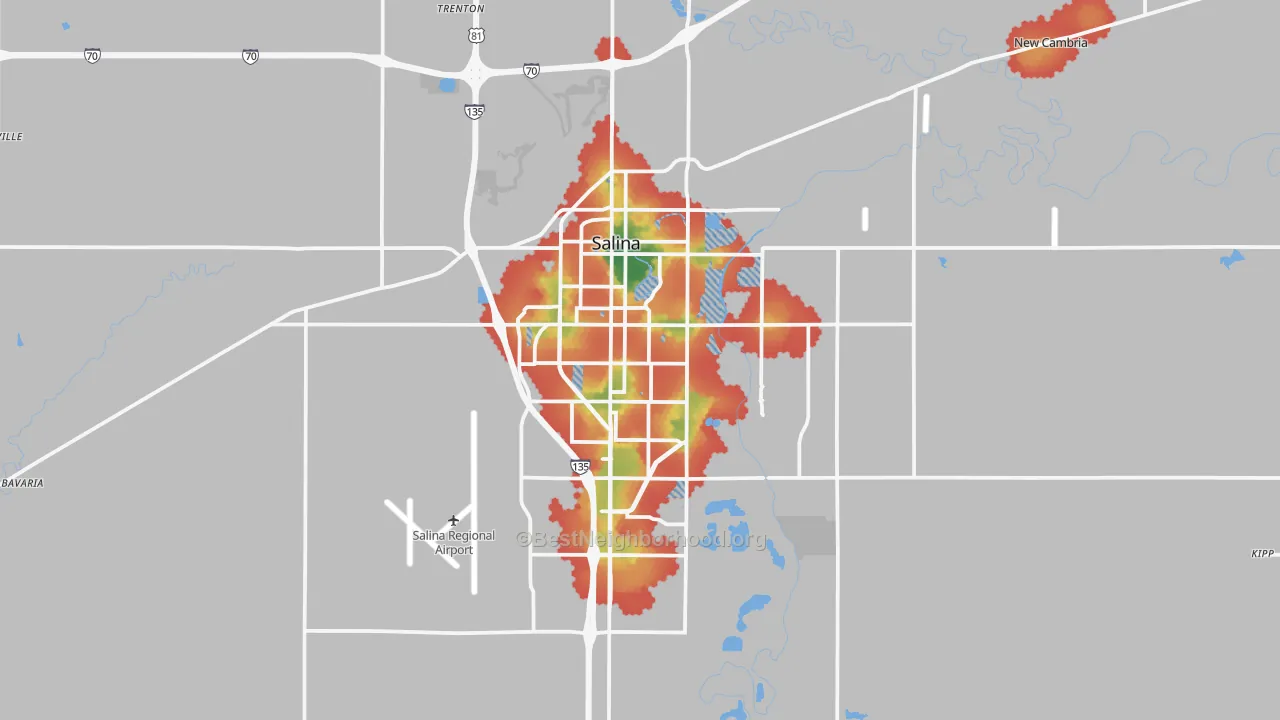Walk Grade map of 67401, KS, walkable areas in green and car-dependent areas in red