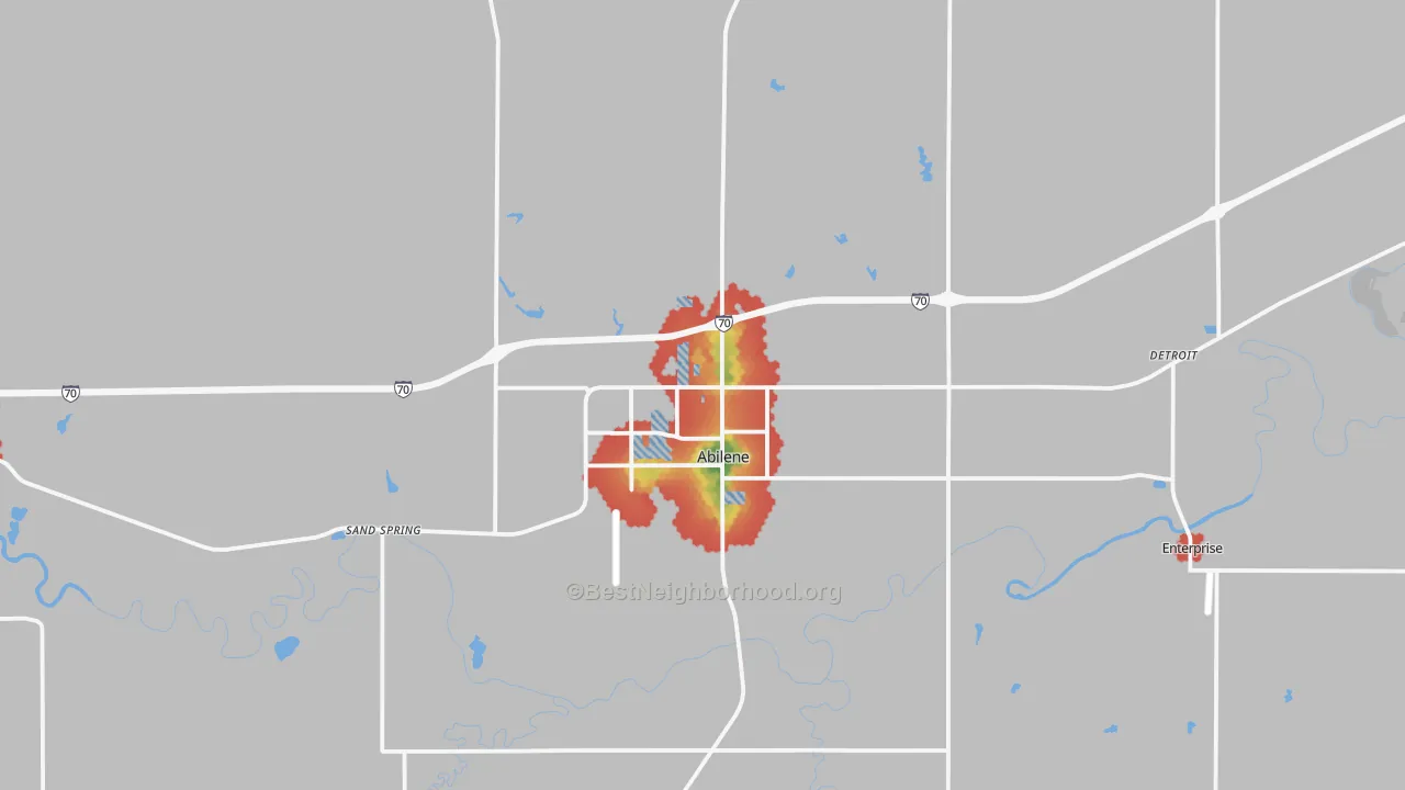 Walk Grade map of 67410, KS, walkable areas in green and car-dependent areas in red