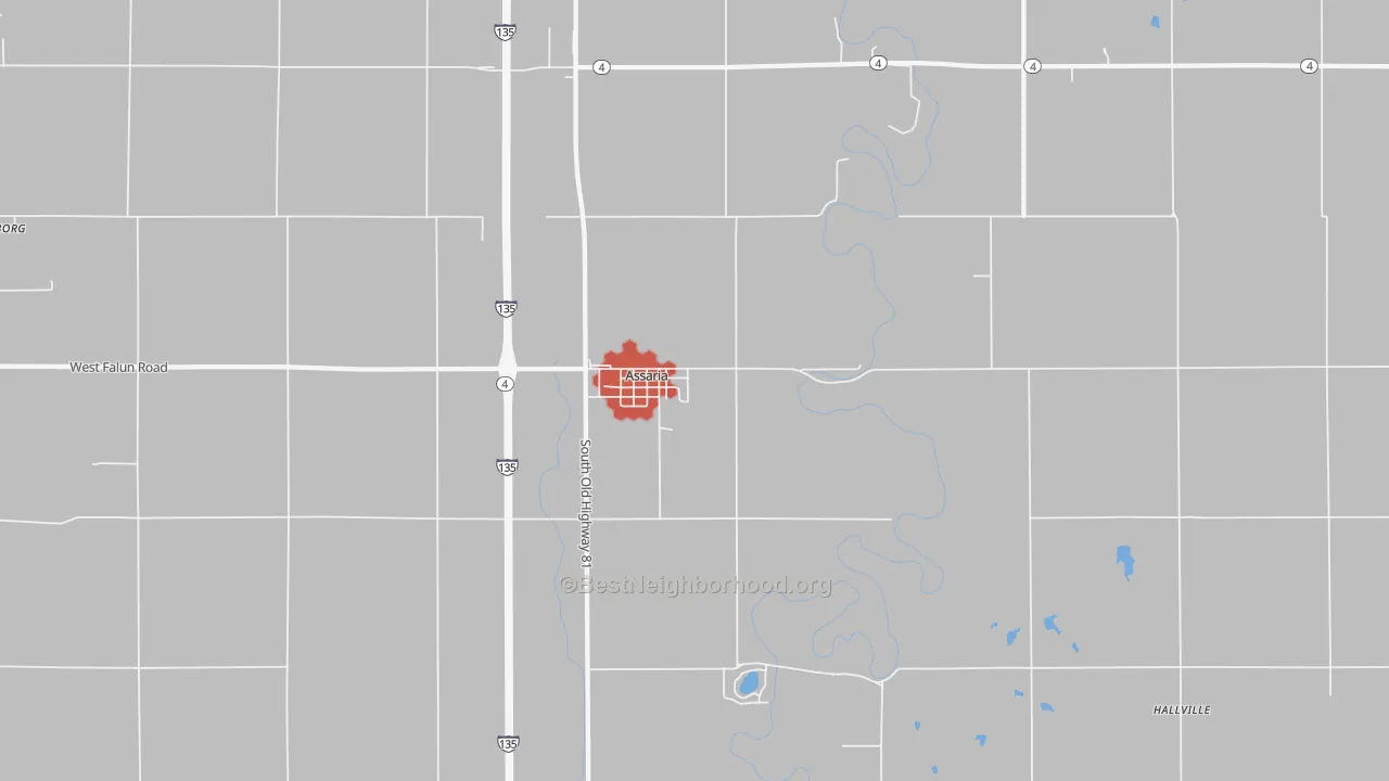 Walk Grade map of 67416, KS, walkable areas in green and car-dependent areas in red