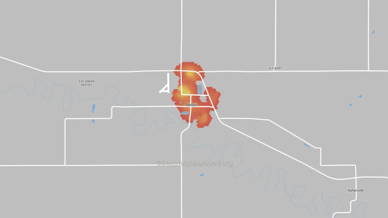 Walk Grade map of 67420, KS, walkable areas in green and car-dependent areas in red