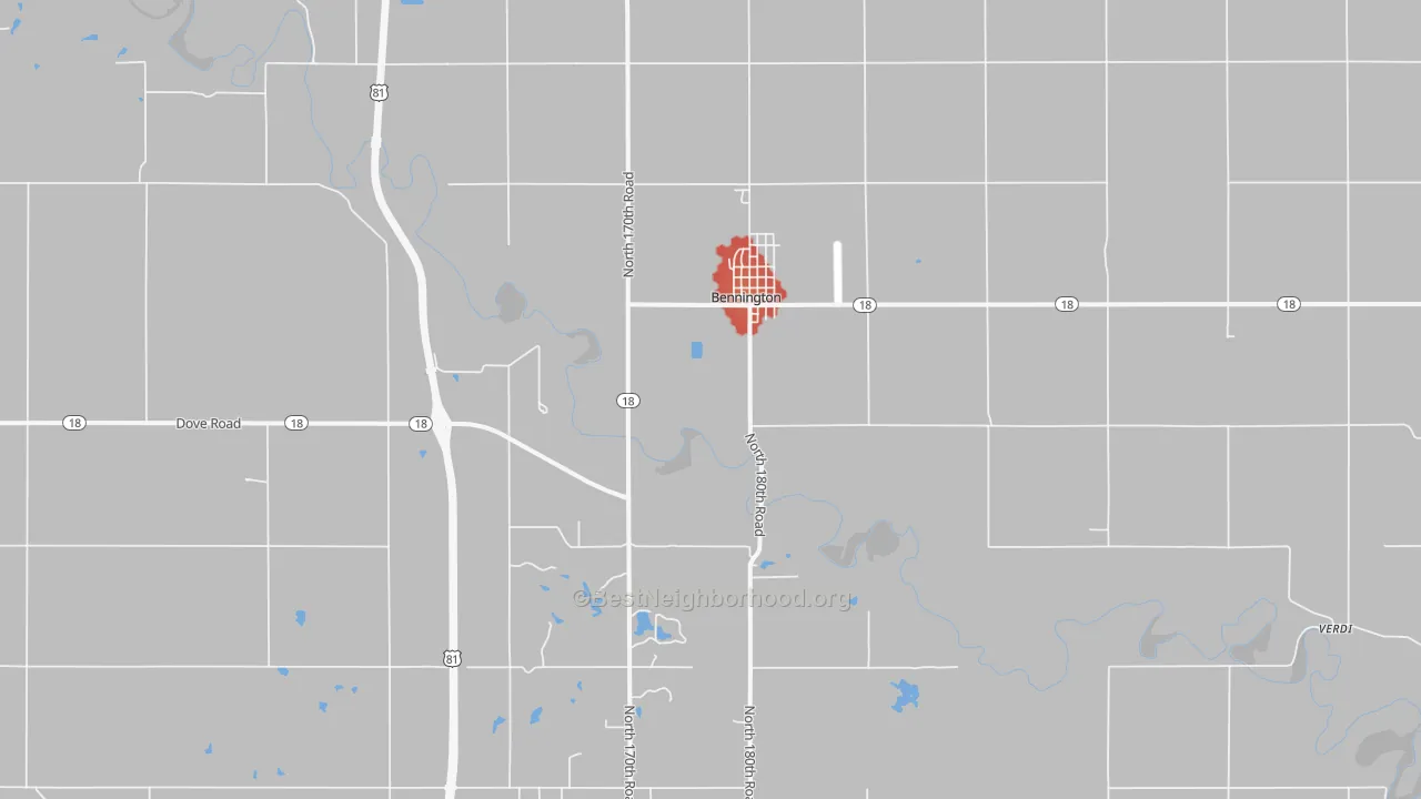 Walk Grade map of 67422, KS, walkable areas in green and car-dependent areas in red