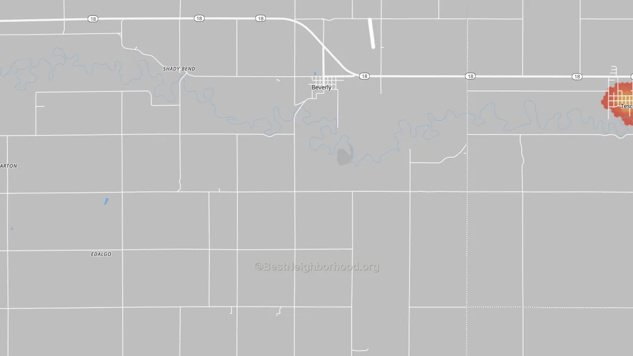 Walk Grade map of 67423, KS, walkable areas in green and car-dependent areas in red