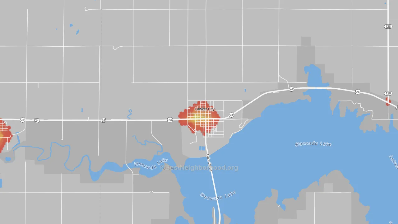 Walk Grade map of 67430, KS, walkable areas in green and car-dependent areas in red