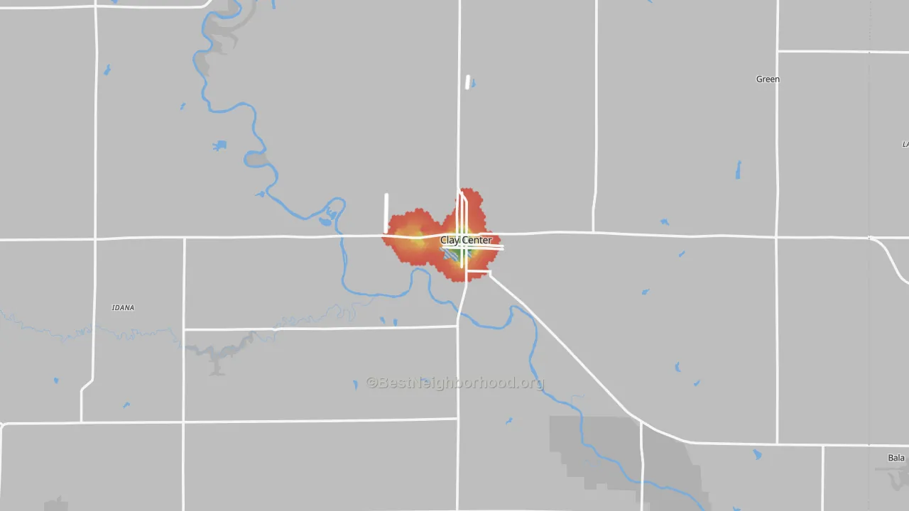 Walk Grade map of 67432, KS, walkable areas in green and car-dependent areas in red
