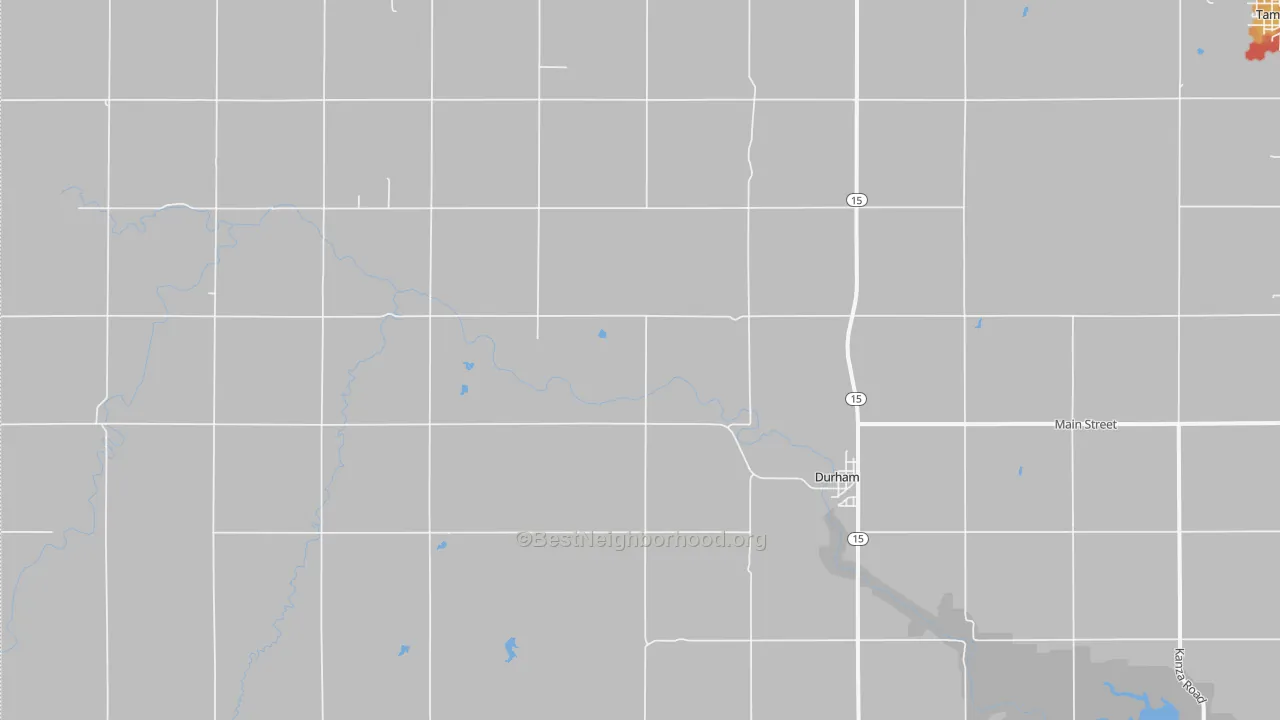 Walk Grade map of 67438, KS, walkable areas in green and car-dependent areas in red