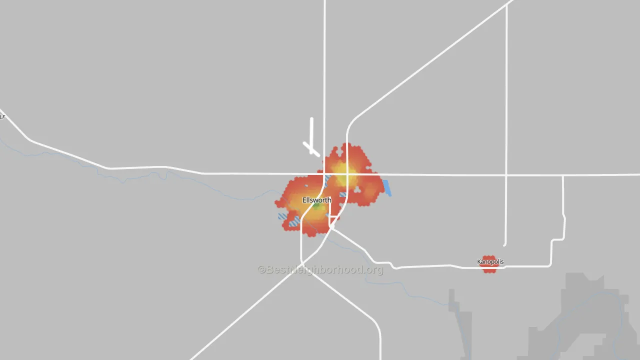 Walk Grade map of 67439, KS, walkable areas in green and car-dependent areas in red