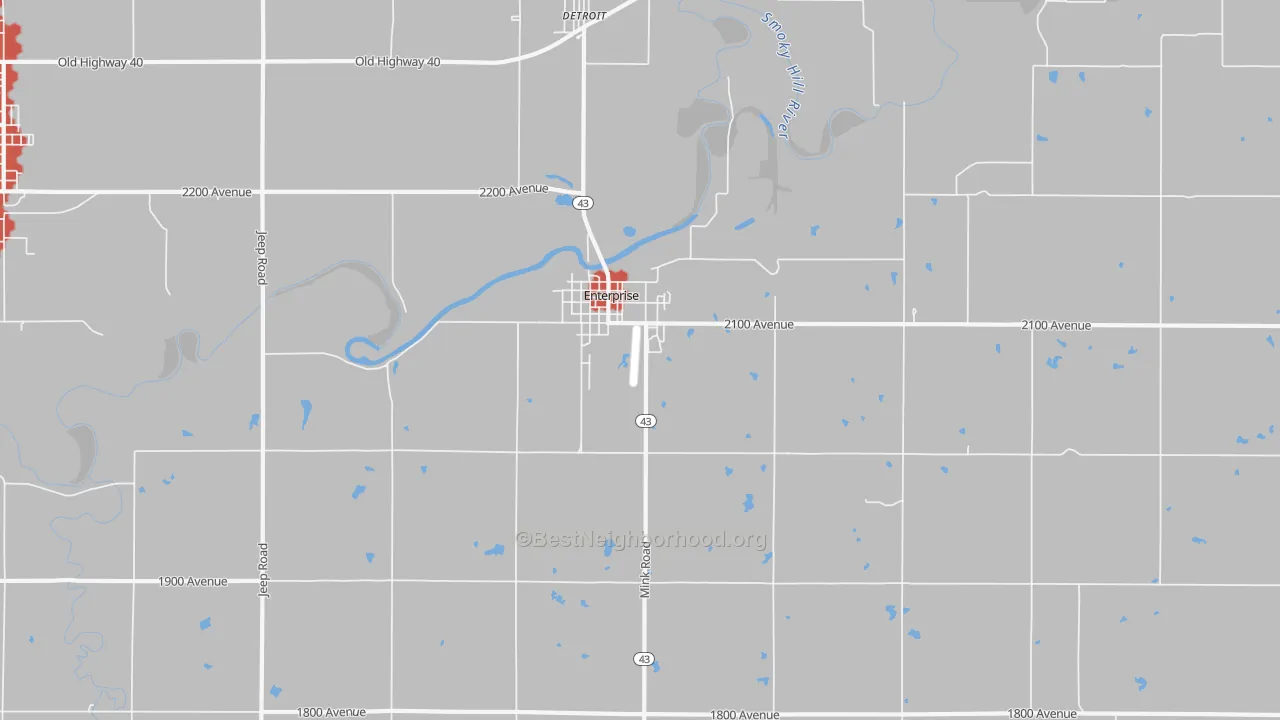 Walk Grade map of 67441, KS, walkable areas in green and car-dependent areas in red