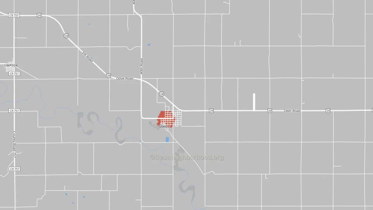 Walk Grade map of 67445, KS, walkable areas in green and car-dependent areas in red