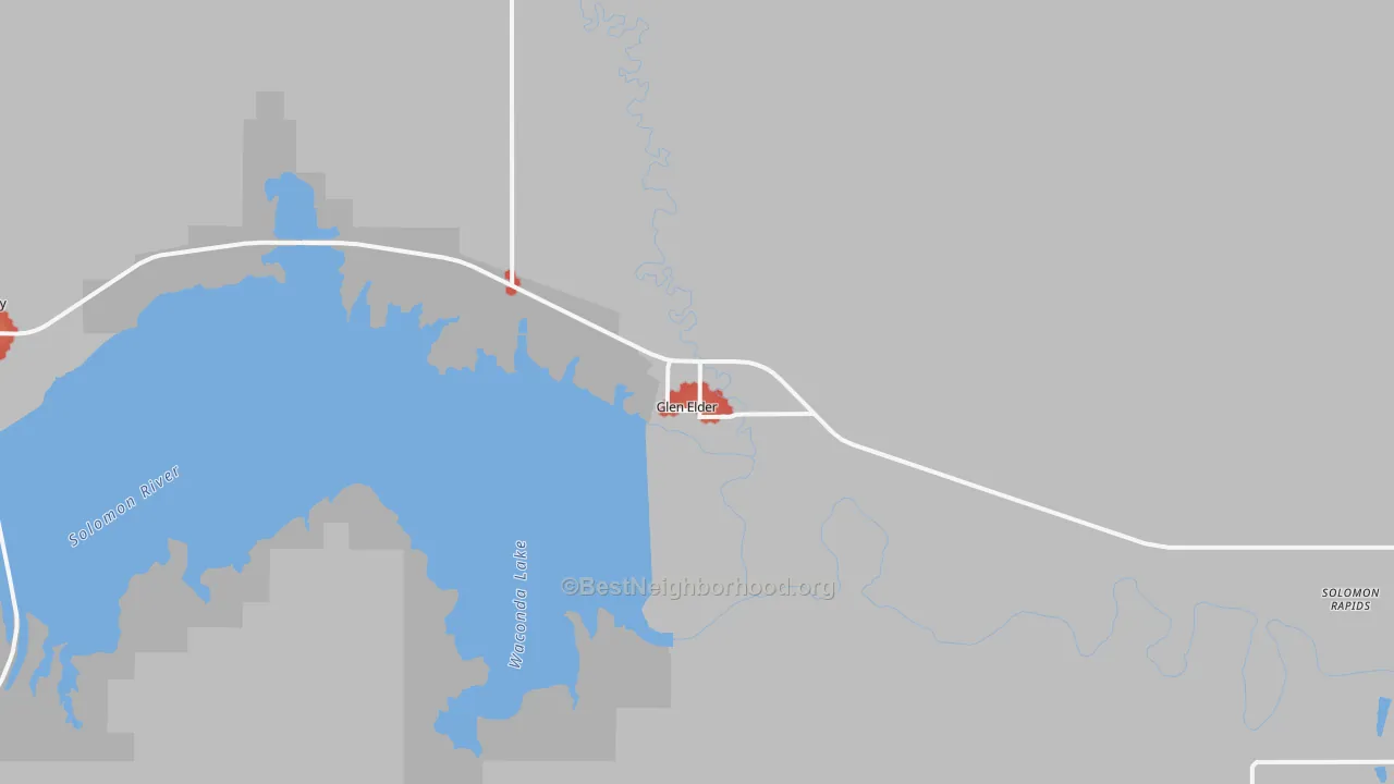 Walk Grade map of 67446, KS, walkable areas in green and car-dependent areas in red