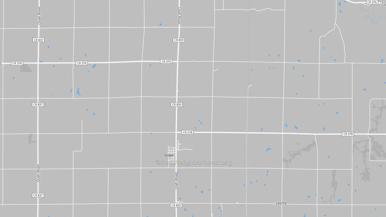 Walk Grade map of 67447, KS, walkable areas in green and car-dependent areas in red
