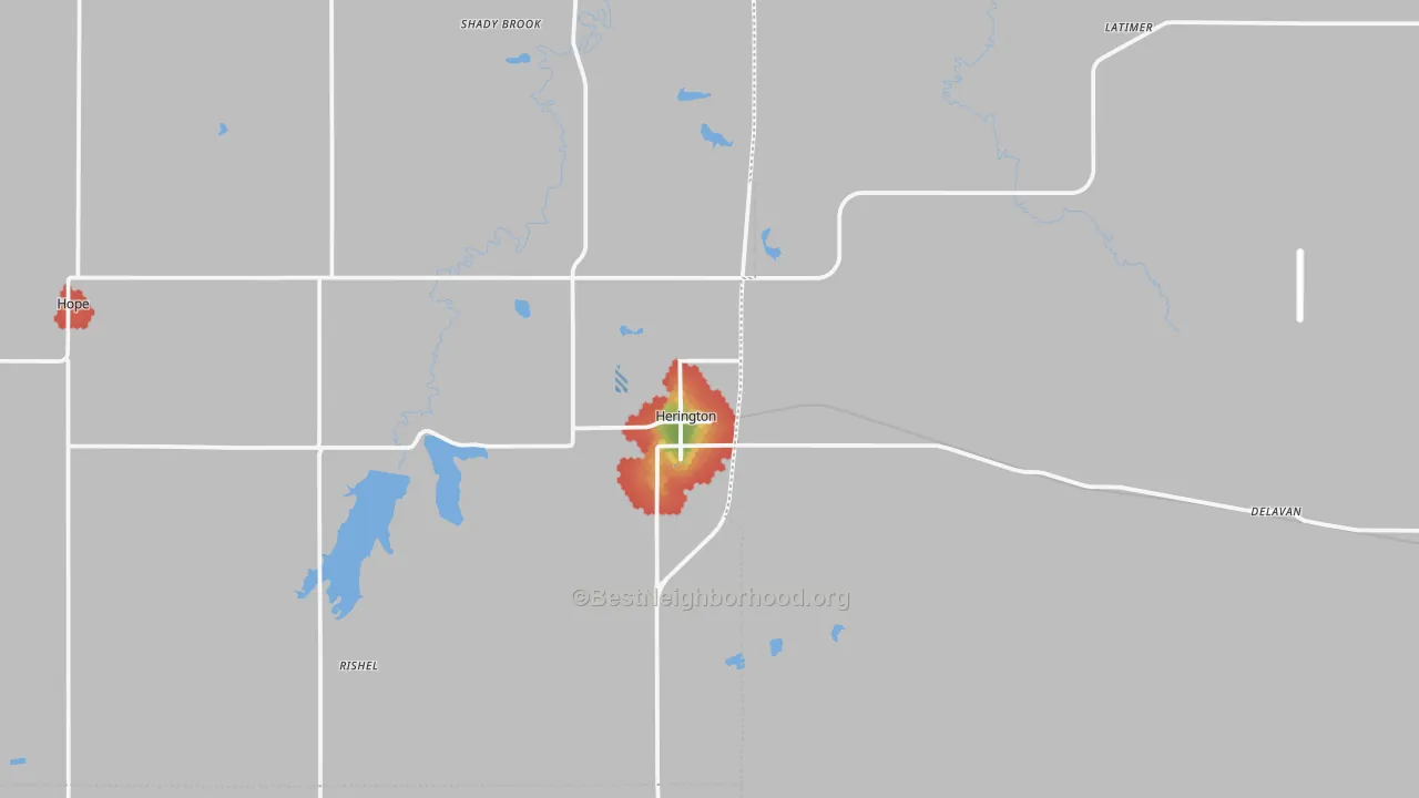 Walk Grade map of 67449, KS, walkable areas in green and car-dependent areas in red