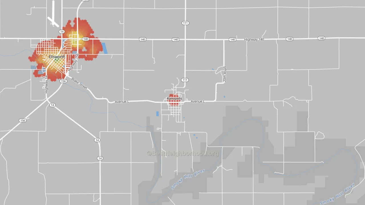 Walk Grade map of 67454, KS, walkable areas in green and car-dependent areas in red