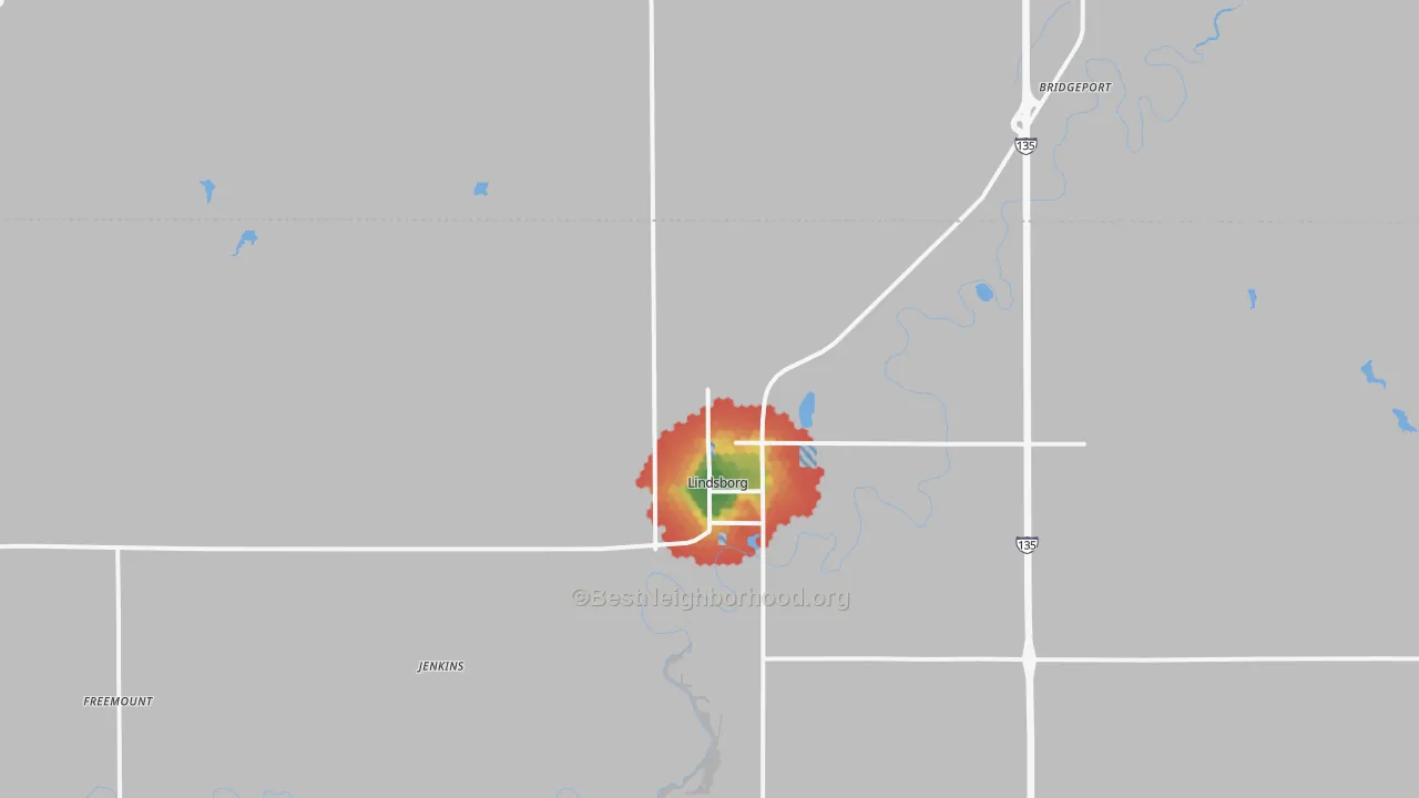Walk Grade map of 67456, KS, walkable areas in green and car-dependent areas in red