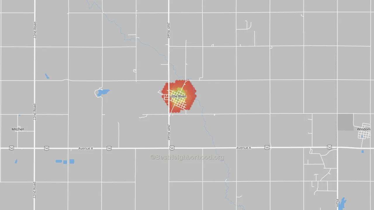 Walk Grade map of 67457, KS, walkable areas in green and car-dependent areas in red