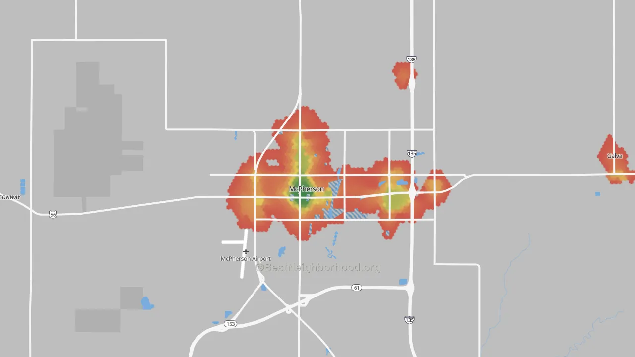 Walk Grade map of 67460, KS, walkable areas in green and car-dependent areas in red