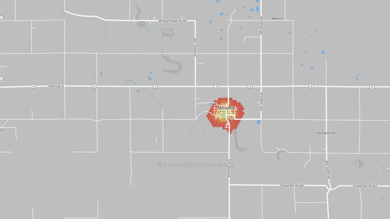 Walk Grade map of 67464, KS, walkable areas in green and car-dependent areas in red