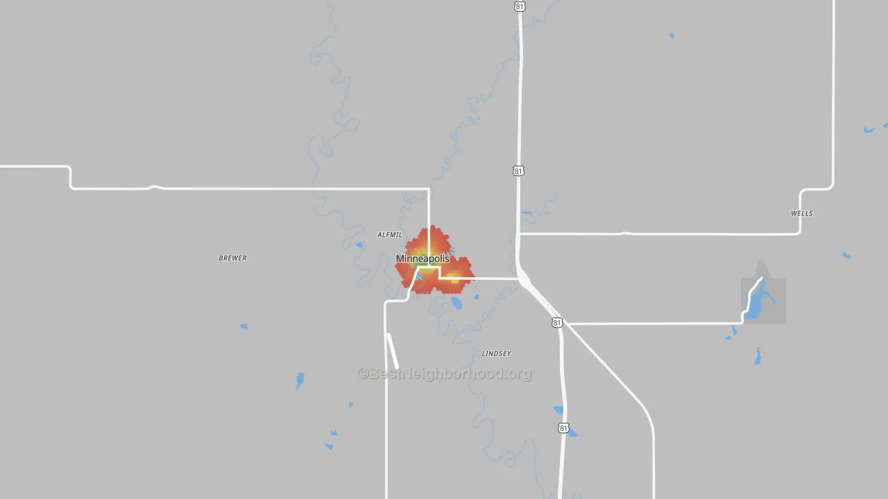 Walk Grade map of 67467, KS, walkable areas in green and car-dependent areas in red
