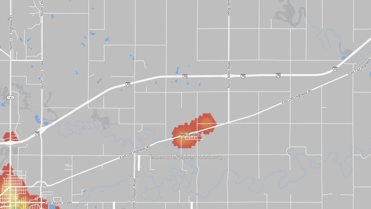 Walk Grade map of 67470, KS, walkable areas in green and car-dependent areas in red