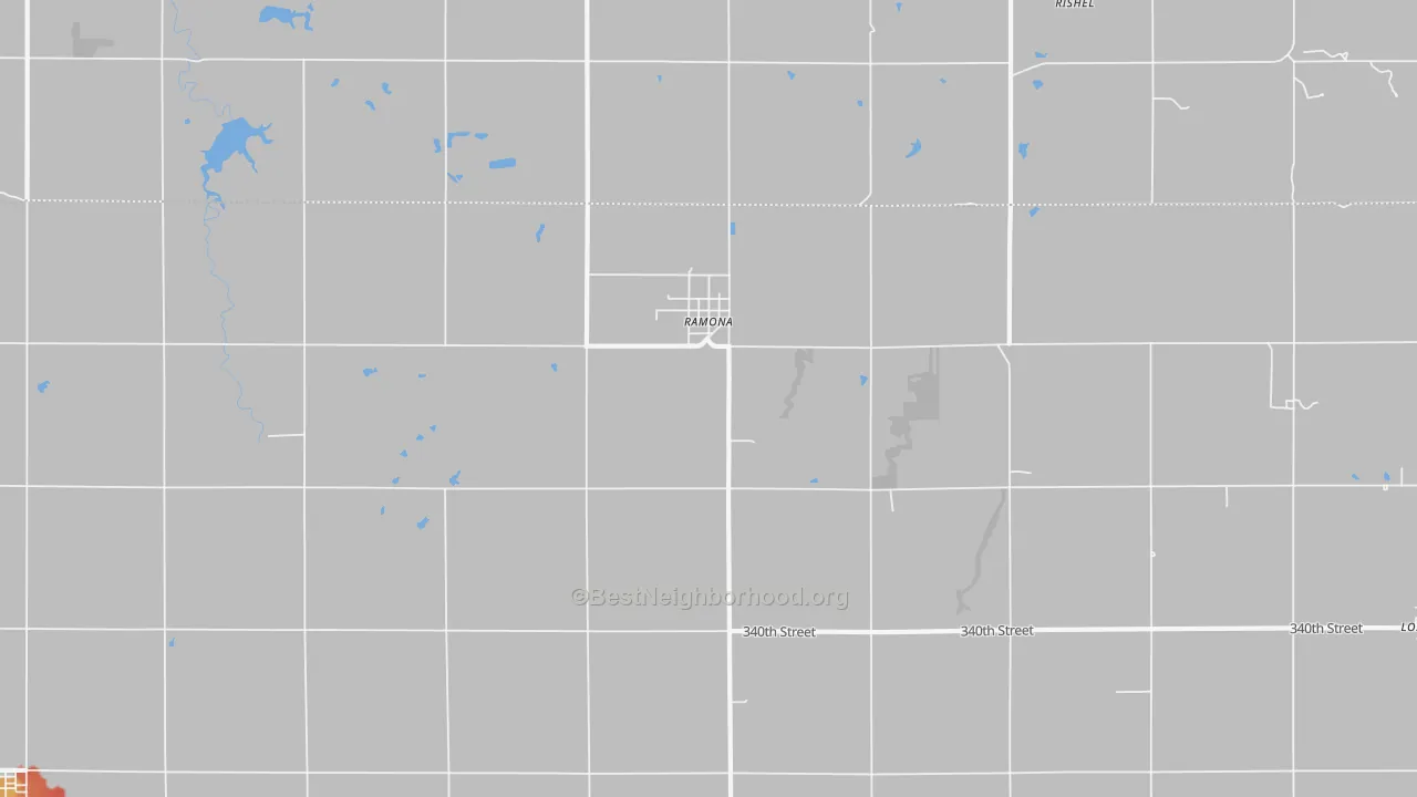 Walk Grade map of 67475, KS, walkable areas in green and car-dependent areas in red