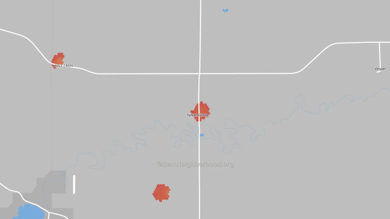 Walk Grade map of 67481, KS, walkable areas in green and car-dependent areas in red