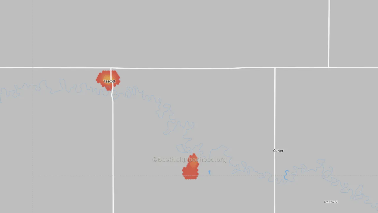 Walk Grade map of 67484, KS, walkable areas in green and car-dependent areas in red