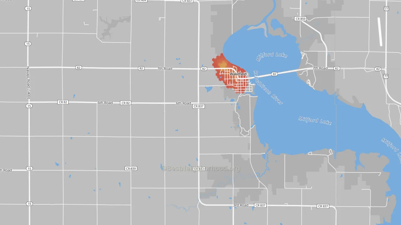 Walk Grade map of 67487, KS, walkable areas in green and car-dependent areas in red