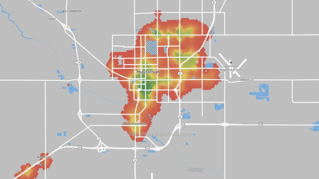Walk Grade map of 67501, KS, walkable areas in green and car-dependent areas in red