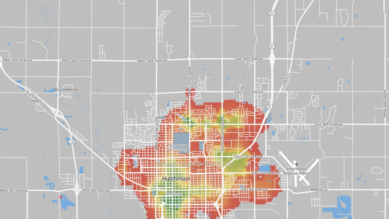 Walk Grade map of 67502, KS, walkable areas in green and car-dependent areas in red