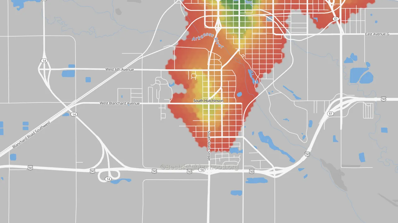 Walk Grade map of 67505, KS, walkable areas in green and car-dependent areas in red