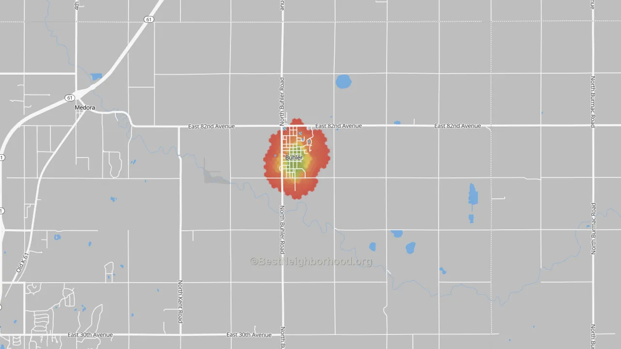 Walk Grade map of 67522, KS, walkable areas in green and car-dependent areas in red