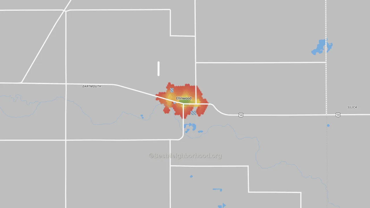 Walk Grade map of 67526, KS, walkable areas in green and car-dependent areas in red