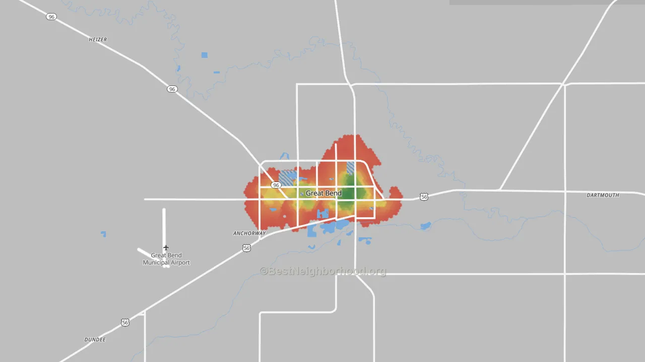 Walk Grade map of 67530, KS, walkable areas in green and car-dependent areas in red