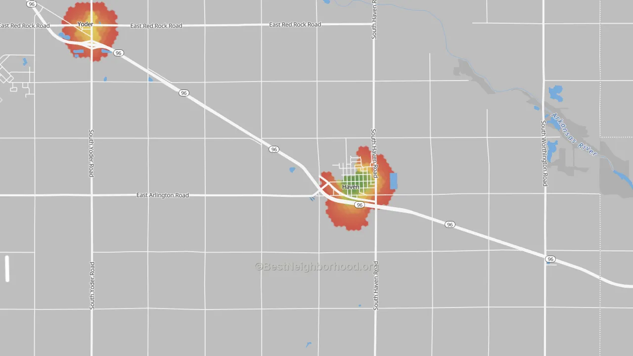 Walk Grade map of 67543, KS, walkable areas in green and car-dependent areas in red