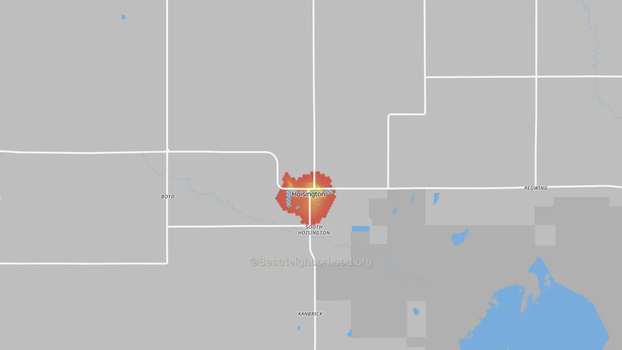 Walk Grade map of 67544, KS, walkable areas in green and car-dependent areas in red