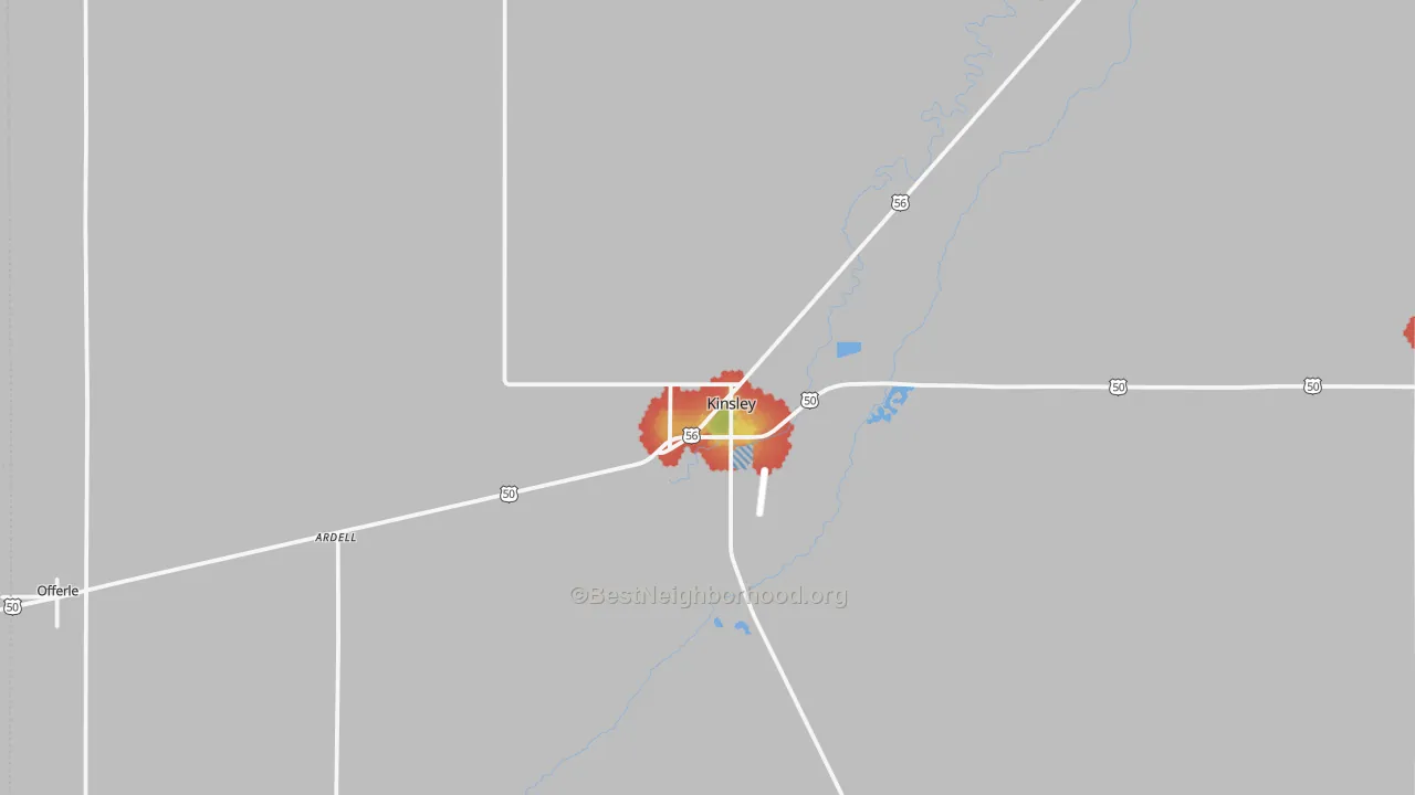 Walk Grade map of 67547, KS, walkable areas in green and car-dependent areas in red