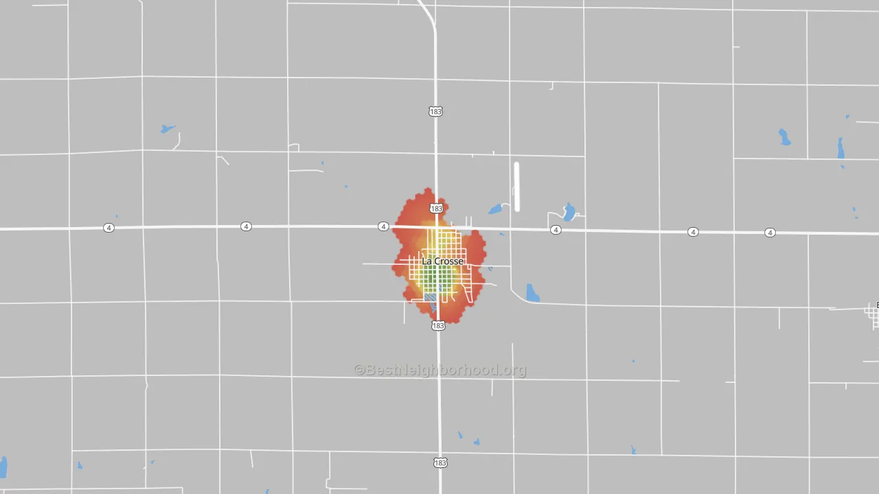Walk Grade map of 67548, KS, walkable areas in green and car-dependent areas in red