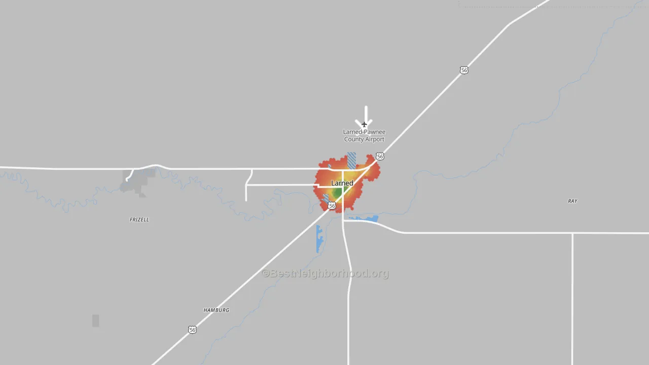 Walk Grade map of 67550, KS, walkable areas in green and car-dependent areas in red