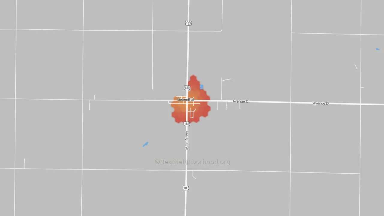 Walk Grade map of 67553, KS, walkable areas in green and car-dependent areas in red
